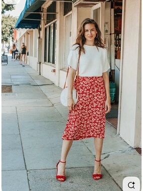 Velvet Heart Red Midi Skirt with White Floral Print- Euro Summer